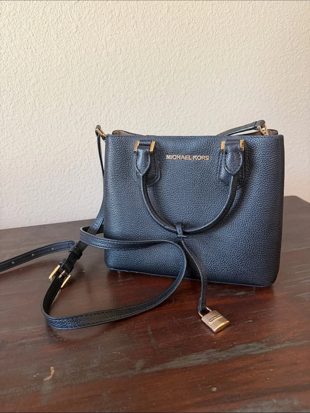 Michael Kors Black Pebbled Leather Satchel with Gold Hardware